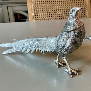 Pair of Vintage Heavy Silvered Long Tailed Pheasant Figures